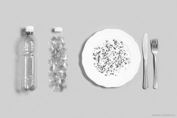 plastic water bottle, forks, and a plate.