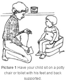 Child sitting on a potty chair with his feet on the ground and his back supported