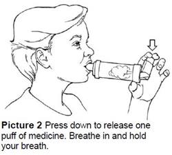 Press down to release one puff of medicine. Breathe in and hold your breath.