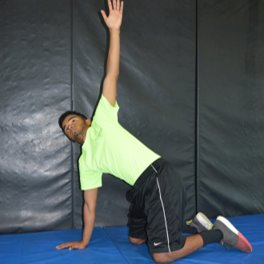 Athletic trainer with knees on ground, one arm on the floor and one arm stretched high to the sky