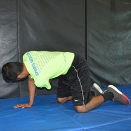 Athletic trainer with knees on ground, one arm on the floor and one arm threading under the other